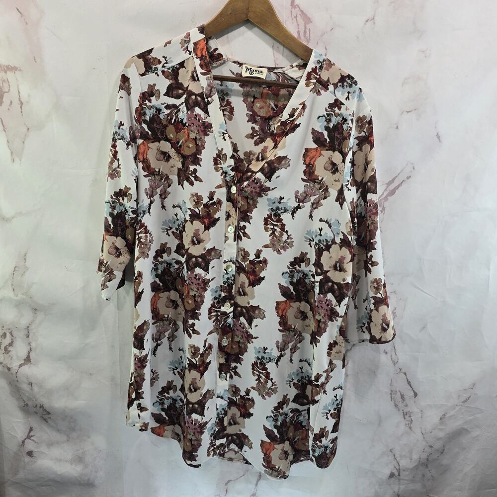 Show Me Your Mumu Shirt Womens XS White Floral Blouse Button Notch V Red Maroon